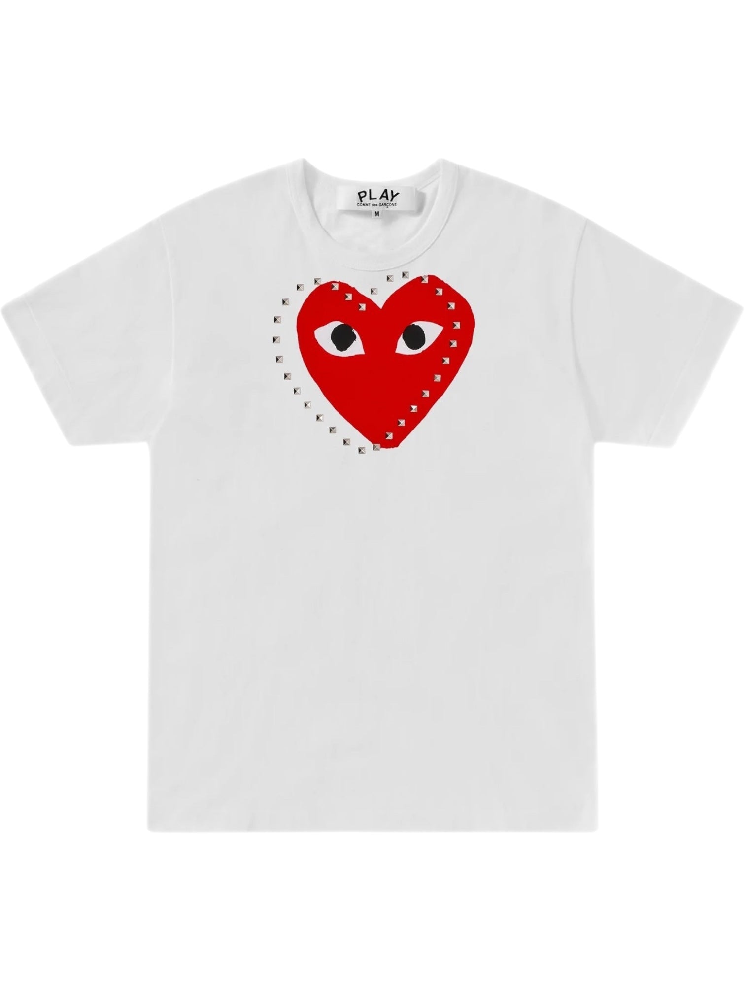 The Comme des Garcons P1T803 T-SHIRT LOGO STUD WHITE by COMME DES GARCONS X PLAY is a white 100% cotton tee featuring a large heart logo with eyes and black dash outlines on the chest.