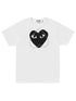 The COMME DES GARCONS X PLAY P1T804 T-SHIRT LOGO STUD WHITE is made from 100% cotton and features a bold black heart with eyes and scattered small square accents on the front.
