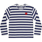 The COMME DES GARCONS X PLAY P1T805 T-Shirt in navy/white stripes features long sleeves and a rhinestone heart detail on the left chest.