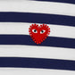 The COMME DES GARCONS X PLAY P1T805 T-Shirt in navy/white features signature rhinestone heart detailing.
