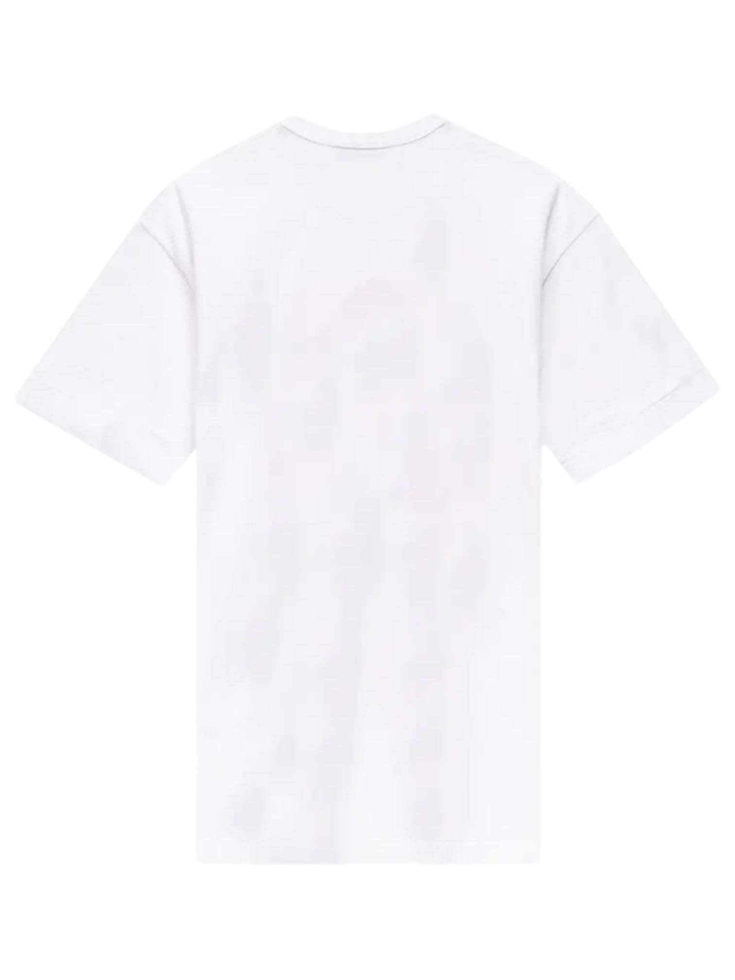Viewed from the back against a white background, the Commes Des Garcons P1T034 Play T-Shirt in Red Heart White subtly embodies the iconic COMME DES GARCONS design, blending minimalism with a classic heart tee aesthetic.