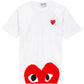 The Commes Des Garcons P1T034 Play T-Shirt in white showcases a subtle red heart logo on the chest and a prominent, captivating red heart with eyes at the bottom, echoing COMME DES GARCONS' signature style.