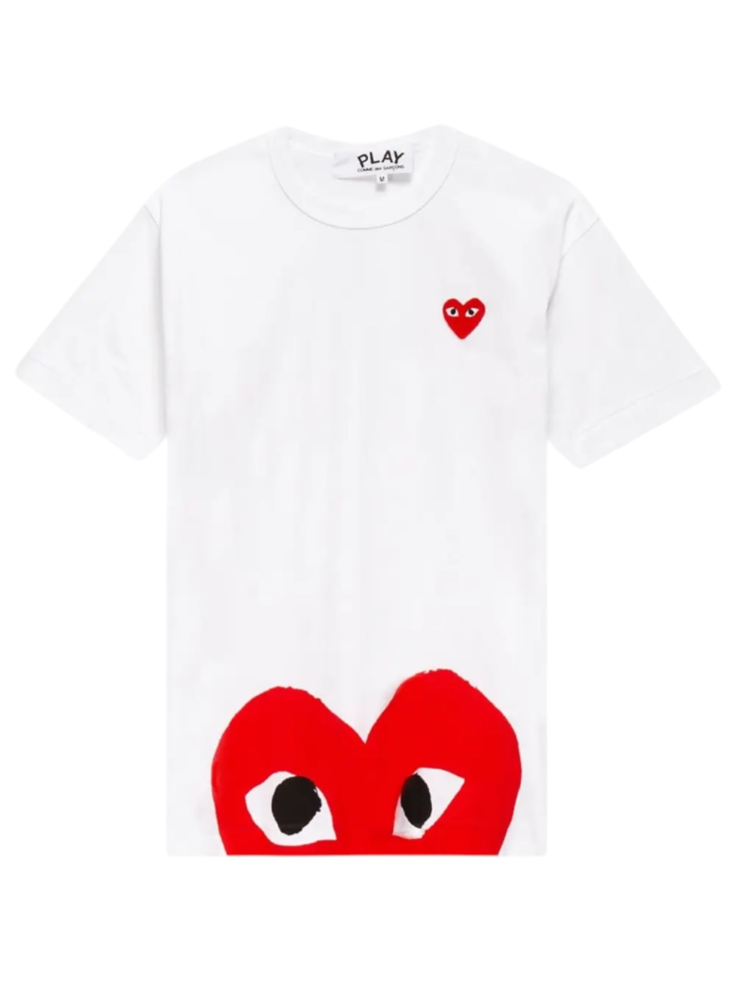 The Commes Des Garcons P1T034 Play T-Shirt in white showcases a subtle red heart logo on the chest and a prominent, captivating red heart with eyes at the bottom, echoing COMME DES GARCONS' signature style.