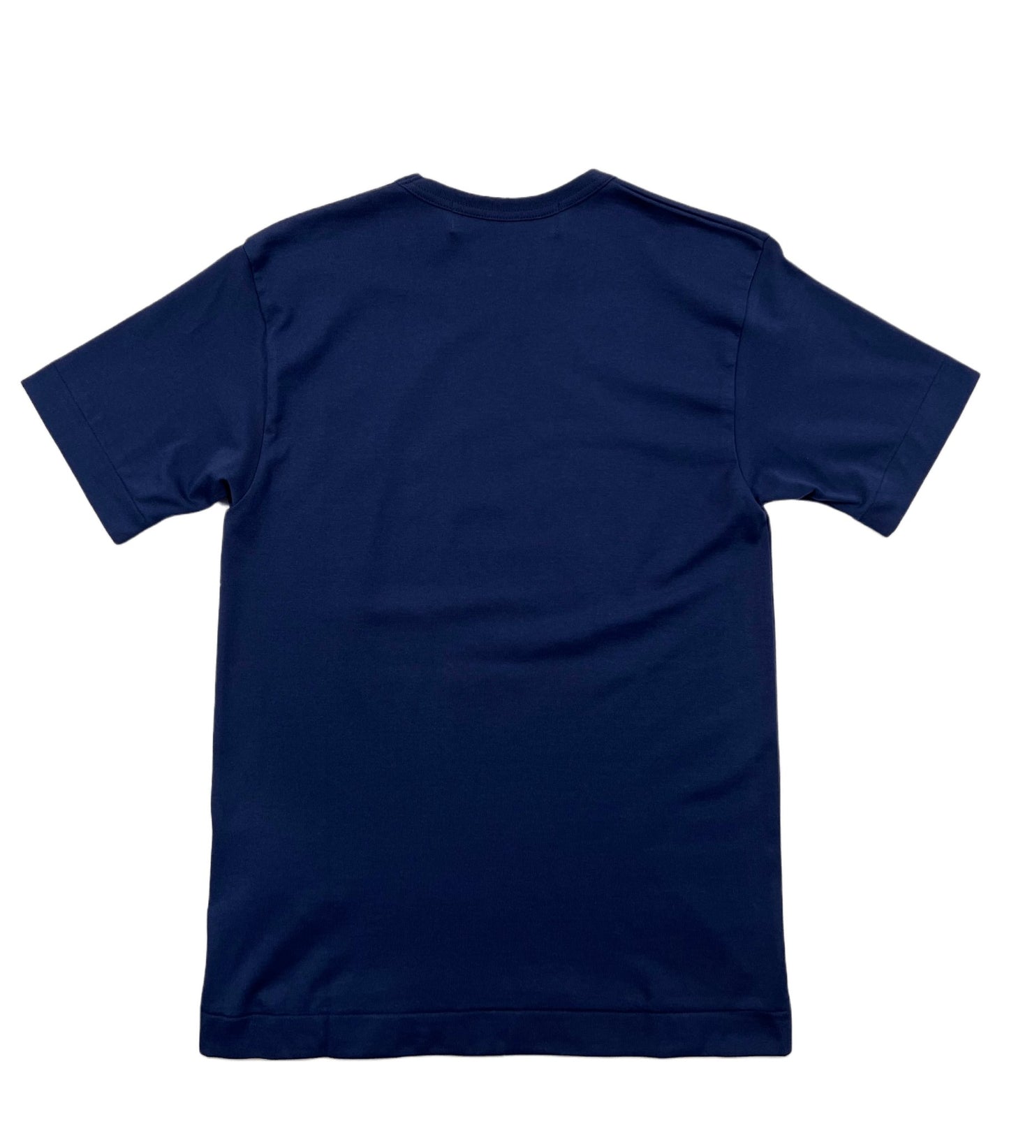 The navy COMMES DES GARCONS P1T216 PLAY T-SHIRT GOLD HEART showcases a minimalist design, elegantly presented from the back against a black background.