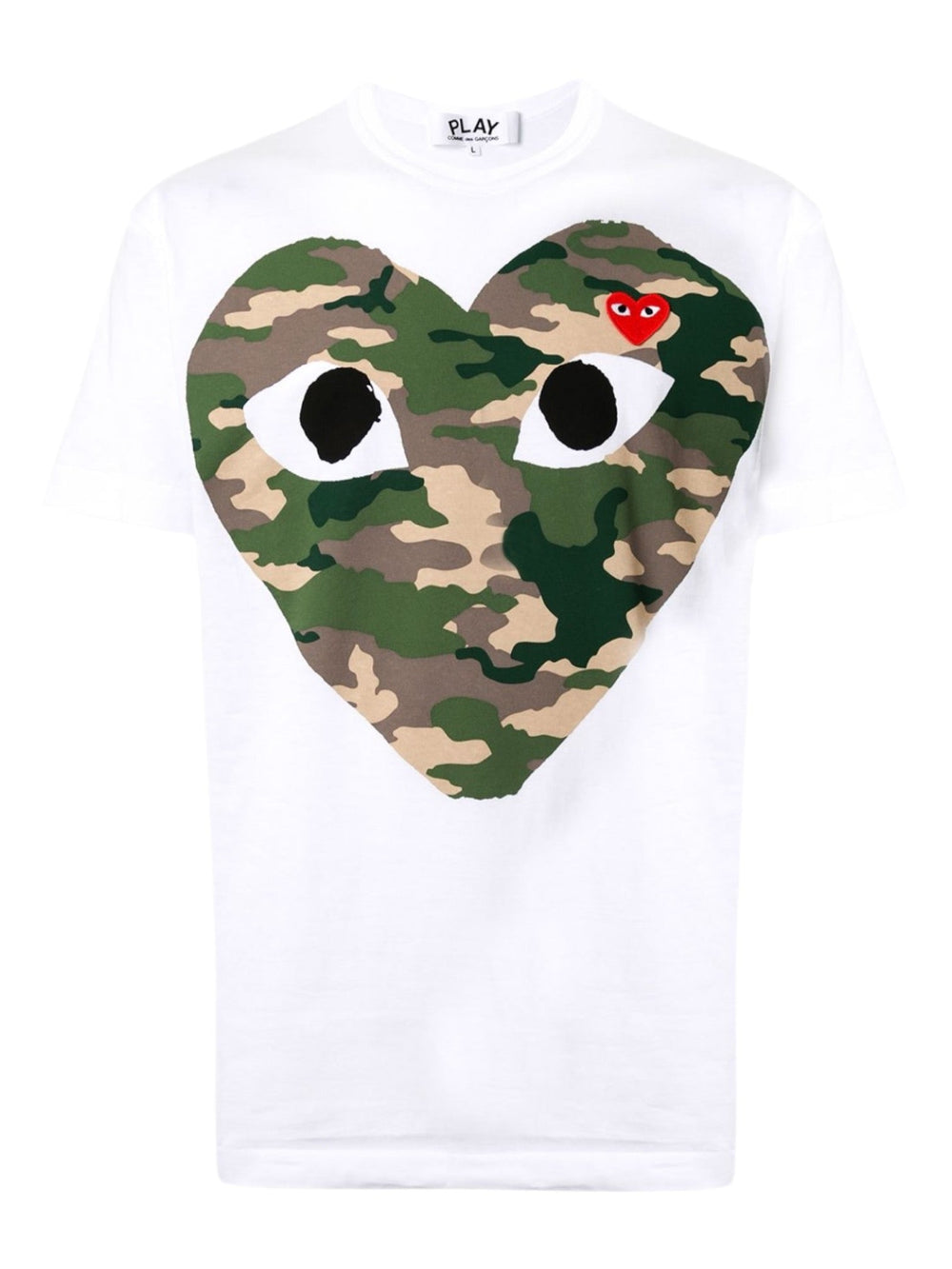 COMME DES GARCONS COMMES DES GARCONS P1T242 PLAY CAMOUFLAGE T-SHIRT WHITE, featuring a large heart design with two eyes and a small red heart with eyes on the upper right.