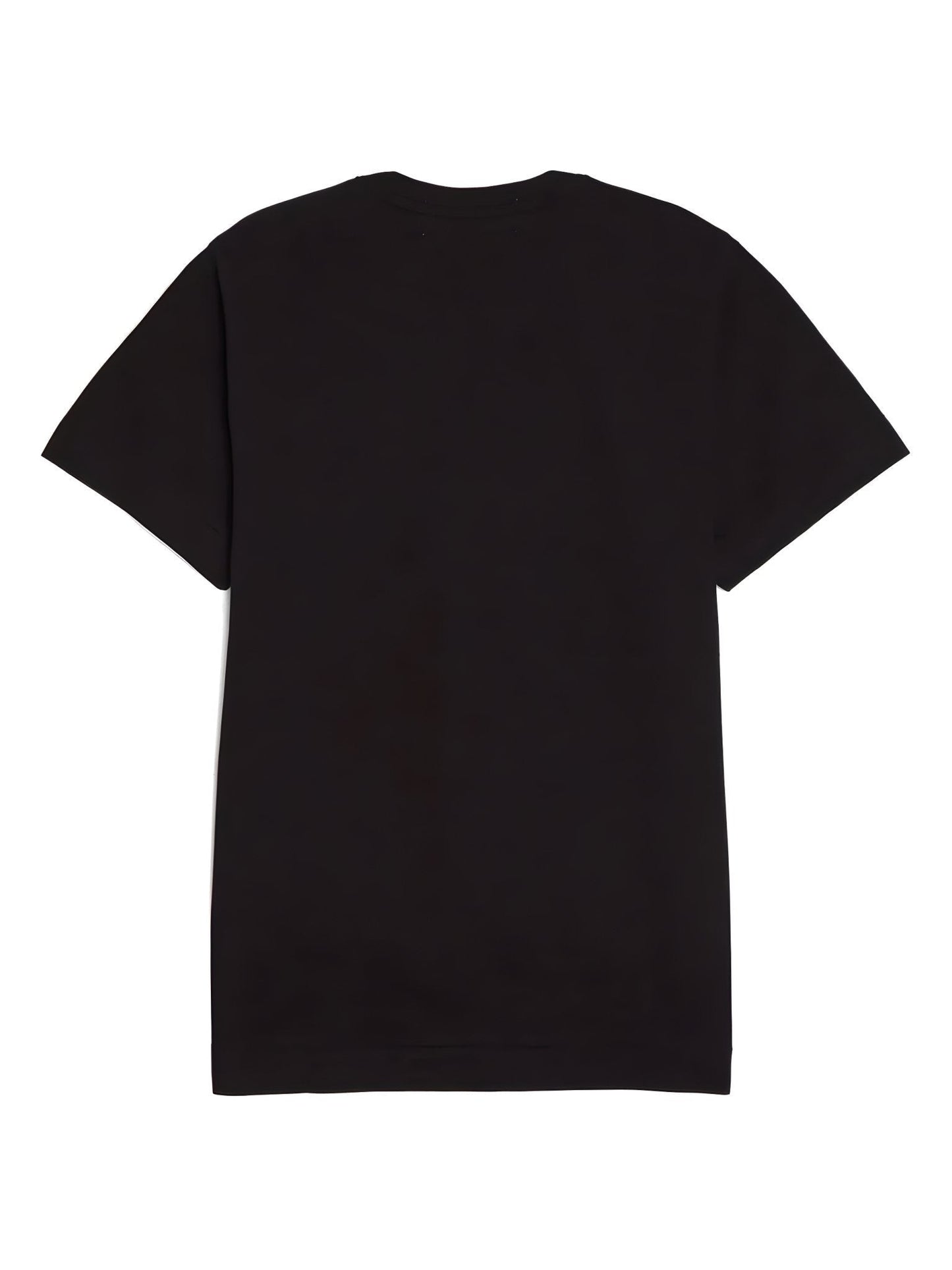 The COMMES DES GARCONS P1T288 men's T-shirt in black is elegantly displayed laid flat against a white background, showcasing its sleek back side.