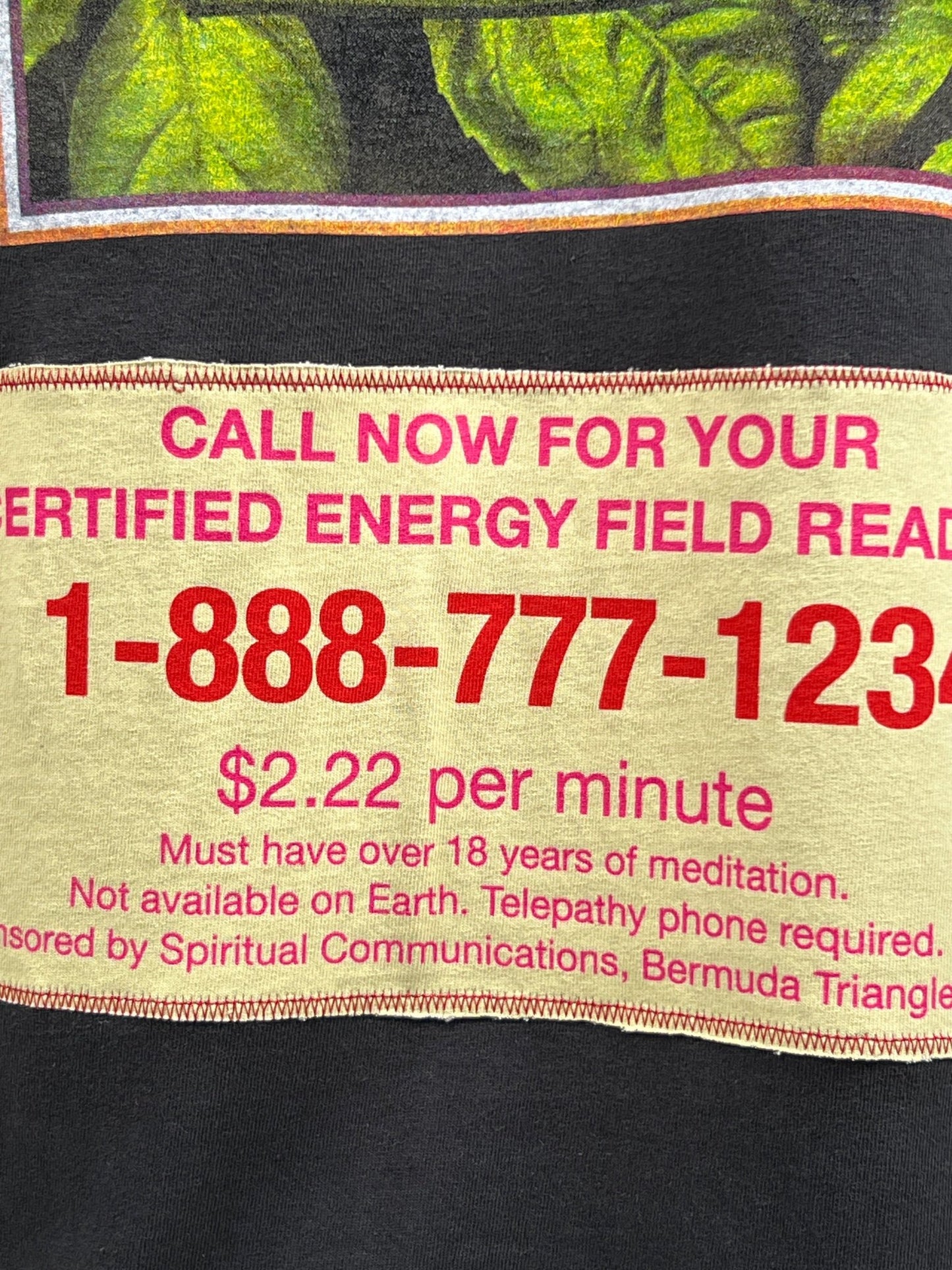 Advertisement: Certified energy field readings for $2.22 per minute from Bermuda Triangle-based Spiritual Communications. Must have meditation experience, telepathy phone required. Wear your CRTFD AYURVEDIC T-SHIRT BLACK made of organic cotton while unlocking the mysteries of the universe!