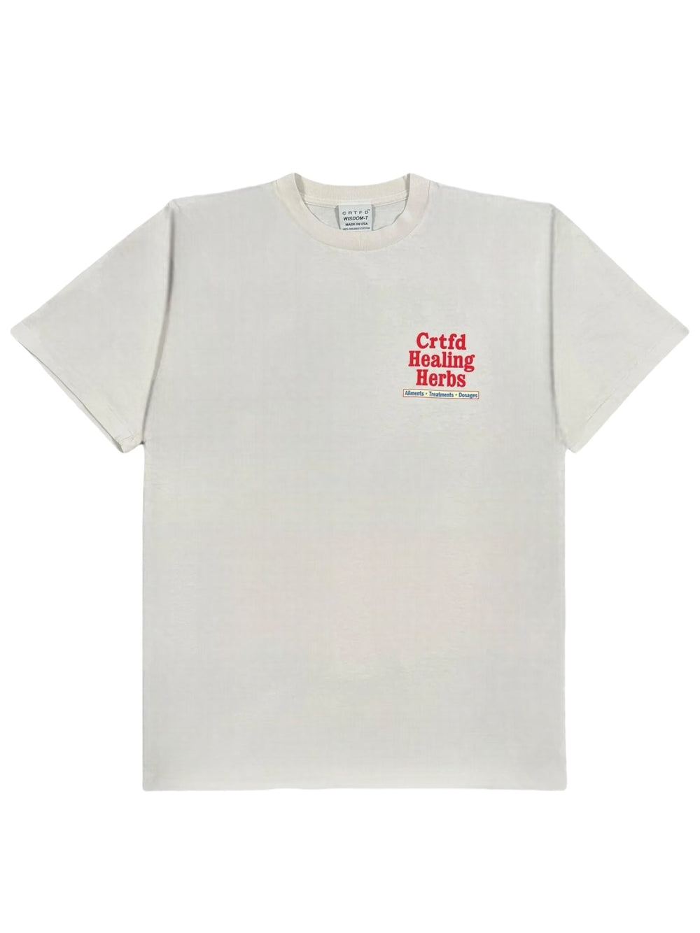 The CRTFD Ayurvedic T-Shirt Natural, made from soft organic cotton, showcases the phrase "Crtfd Healing Herbs" in striking red. Its beige color offers a stylish and natural touch.