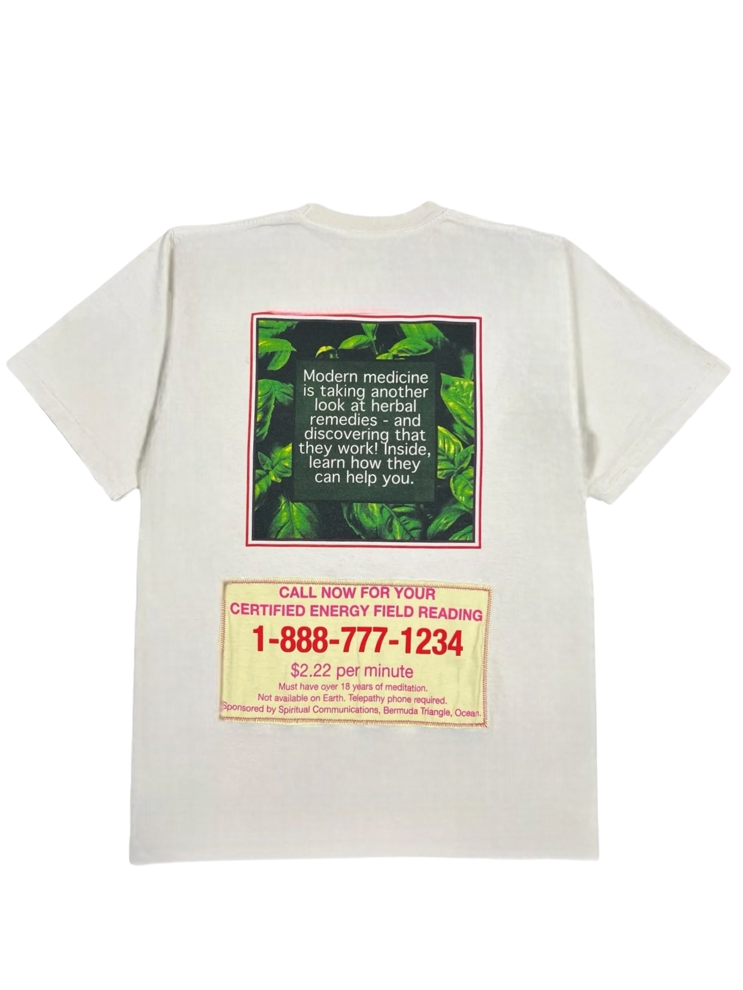 The Crtfd Ayurvedic T-Shirt Natural by CRTFD features an organic cotton white fabric with a green leaf design and text promoting herbal remedies and energy field readings. Ideal as a graphic tee, it includes contact details and pricing for services.