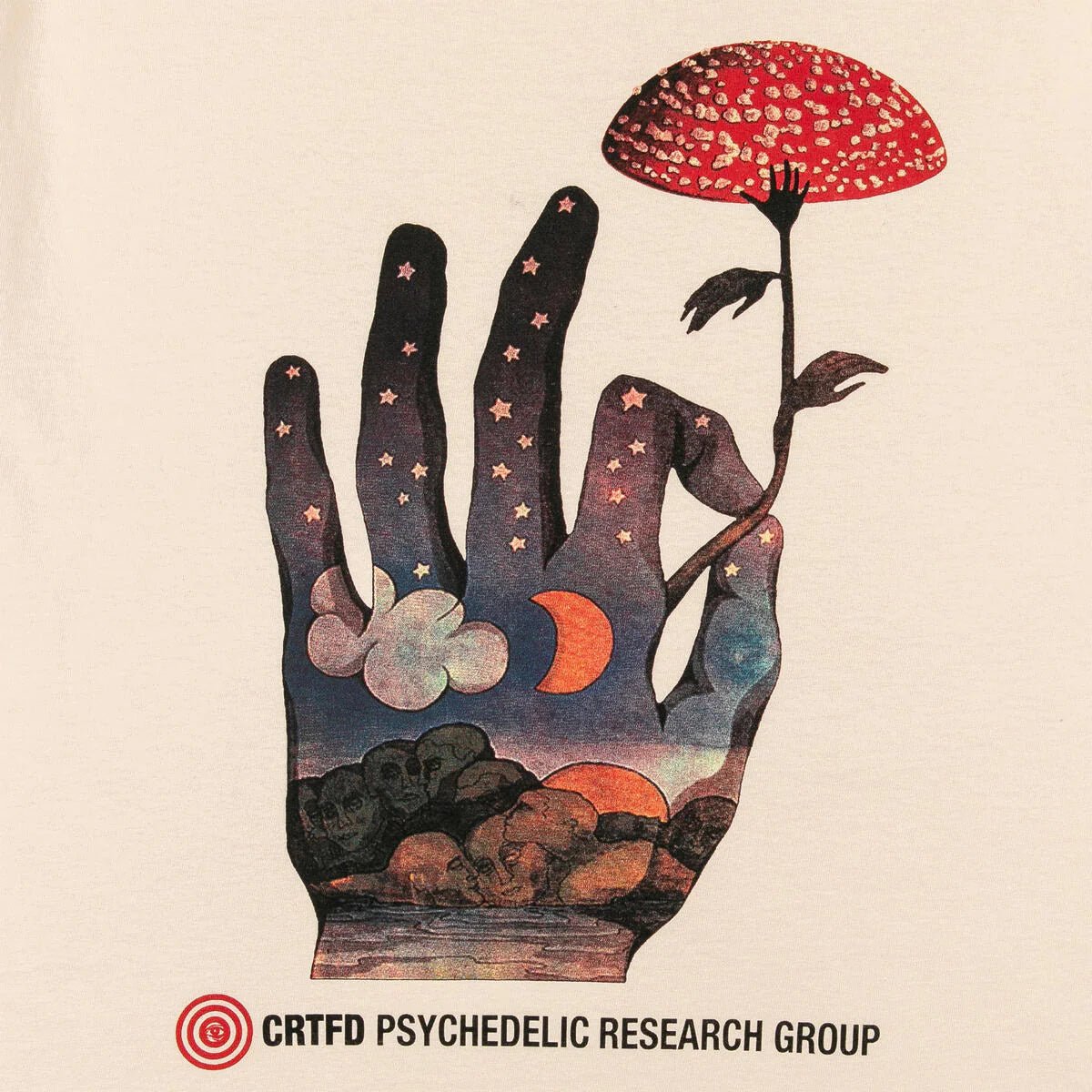 An artistic design features a hand holding a red mushroom, set against a starry night sky with clouds and a crescent moon. Below the image is the text "CRTFD PSYCHEDELIC RESEARCH GROUP," making it an ideal graphic for the CRTFD FLY AGARIC T-SHIRT NATURAL by CRTFD, made from organic cotton.