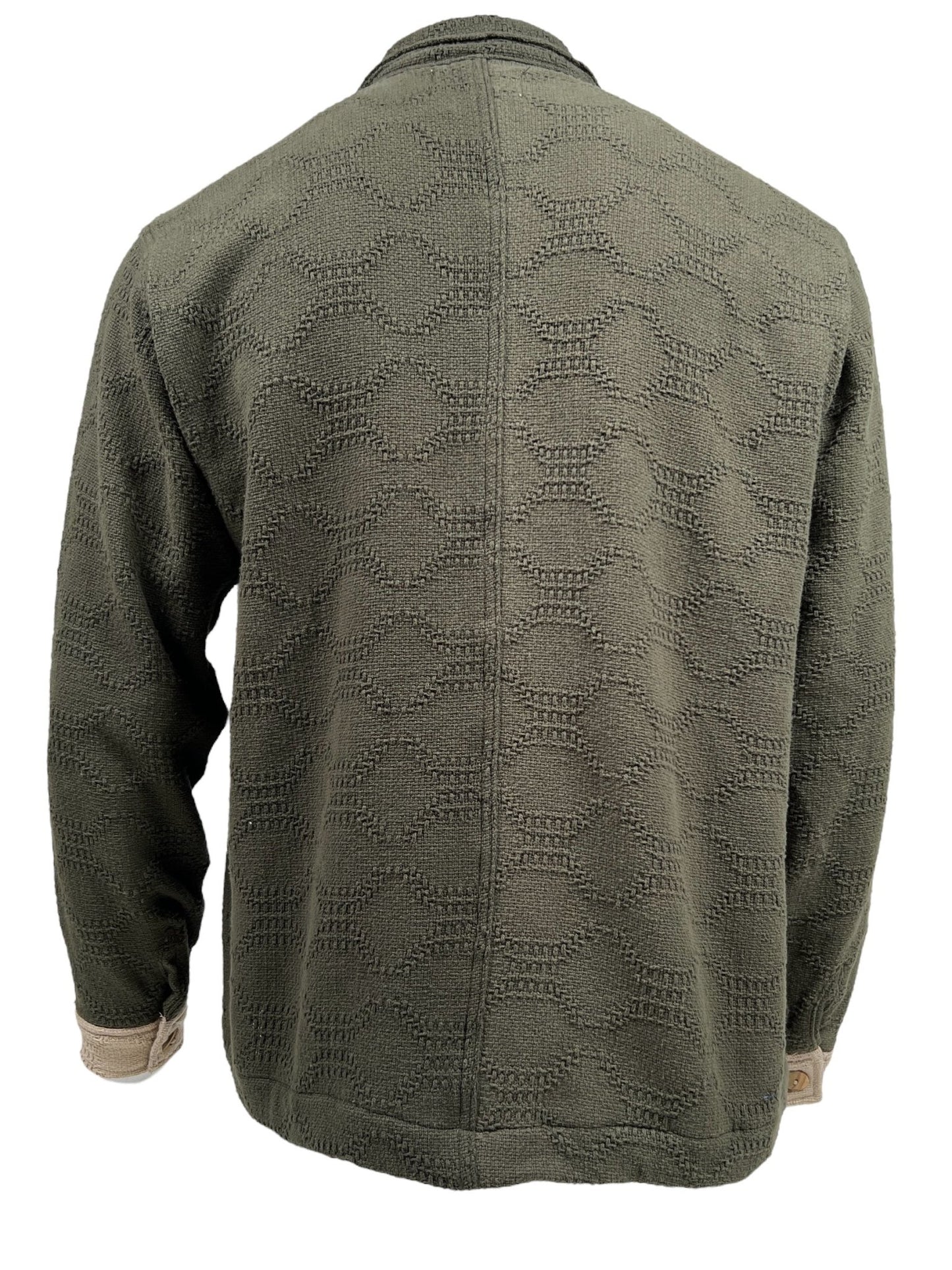 Back view of the CRTFD M51 Combo Shirt Olive, designed by CRTFD. This 100% Organic Cotton shirt features a textured circular pattern and includes beige cuffs at the sleeves.