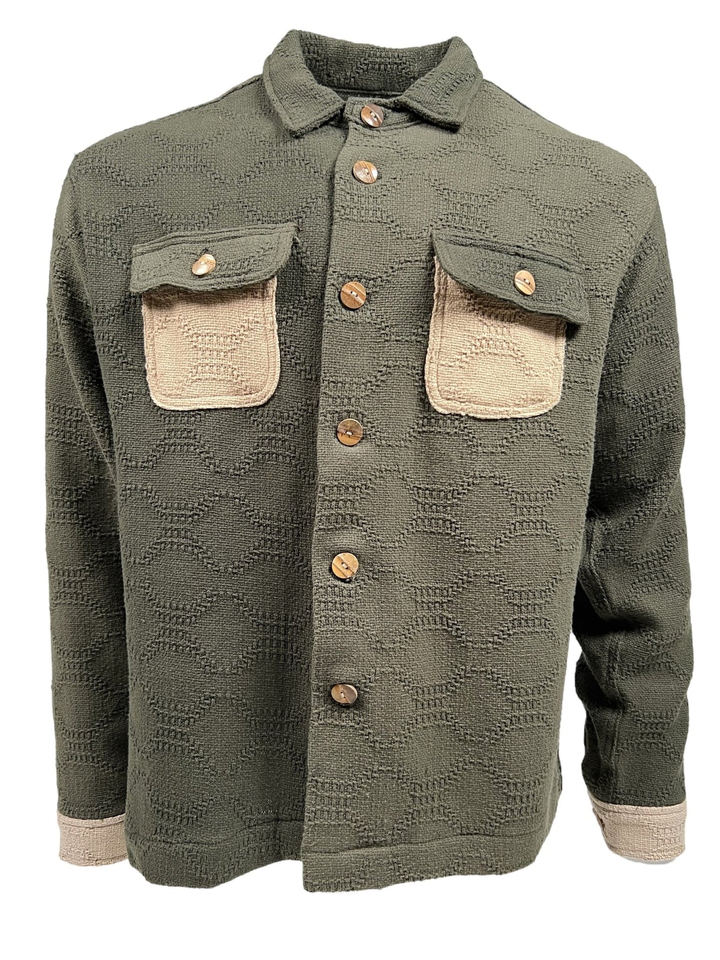 The CRTFD M51 COMBO SHIRT OLIVE by CRTFD is an olive green, 100% organic cotton button-up jacket that features tan fabric pockets and accents on the cuffs.