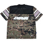 The DEVÁ STATES Deva'States Ballistic s/s Mesh Jersey Top Camo features black and camouflage color blocking, three white stripes on each sleeve, and a bold white Deva’States graphic logo on the back.