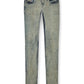 A pair of DIESEL 1979 SLEENKER 68ND distressed slim-fit jeans in a faded blue-green color, laid flat against a white background.