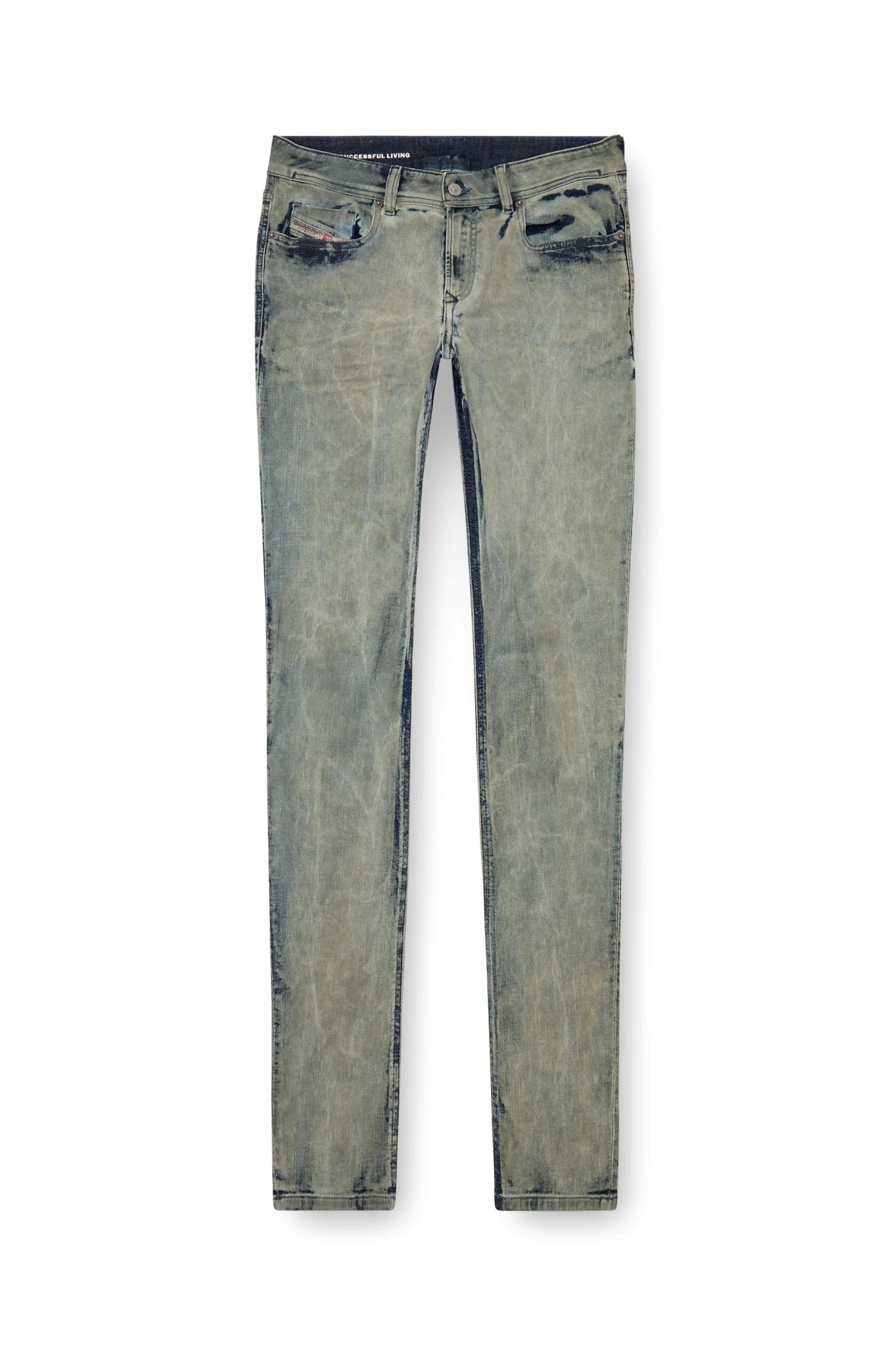 A pair of DIESEL 1979 SLEENKER 68ND distressed slim-fit jeans in a faded blue-green color, laid flat against a white background.