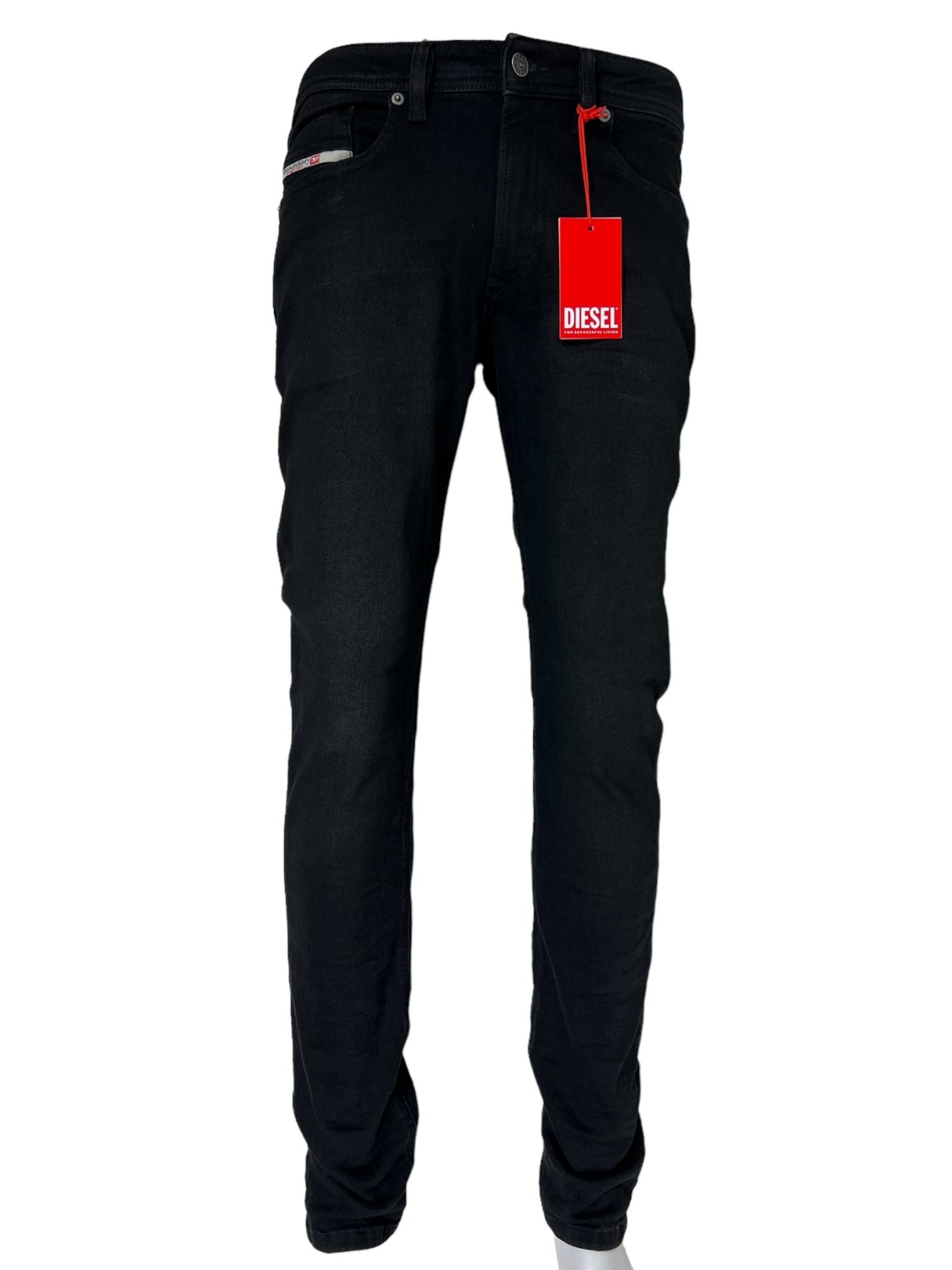 A pair of DIESEL 1979 SLEENKER 9H94 DENIM BLACK jeans with a red tag attached, crafted from stretch denim and featuring a low waist, shown on a flat white background.