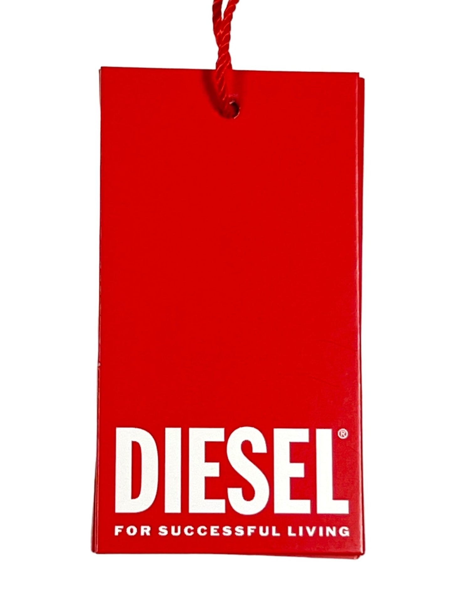 The DIESEL 1979 SLEENKER 9J24 product features a red tag boldly displaying the brand name "DIESEL" in large white letters, with the phrase "FOR SUCCESSFUL LIVING" below it, attached by a red string. This label exudes a punk-rock attitude, making it an ideal match for any medium blue stretch denim collection.