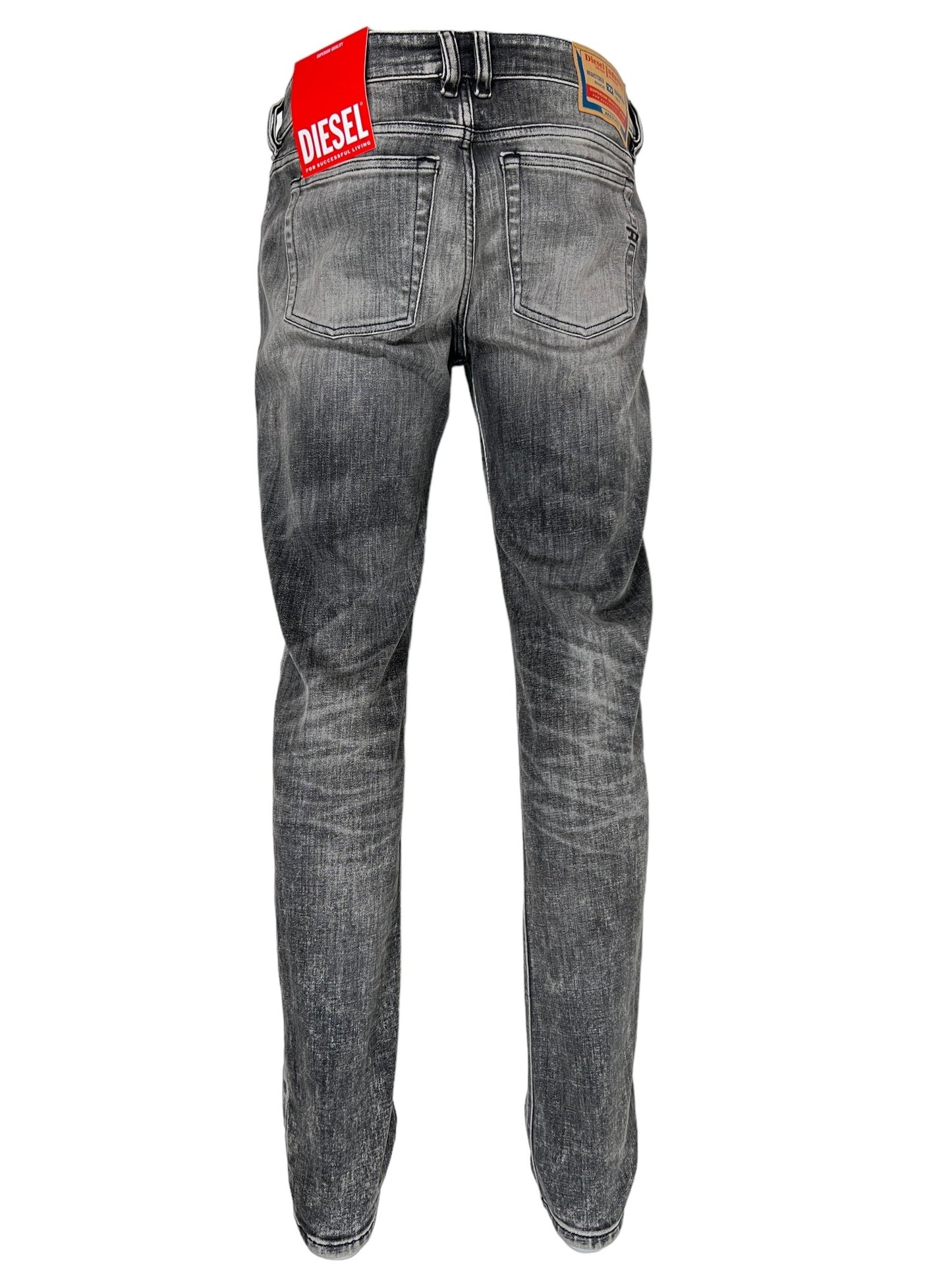 Back view of the DIESEL 1979 Sleenker 9J28 faded grey skinny fit denim jeans with a red Diesel tag on the waistband.