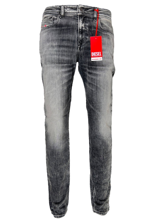 Faded grey skinny fit Diesel 1979 Sleenker 9J28 jeans featuring a unique red DIESEL tag on the waistband.