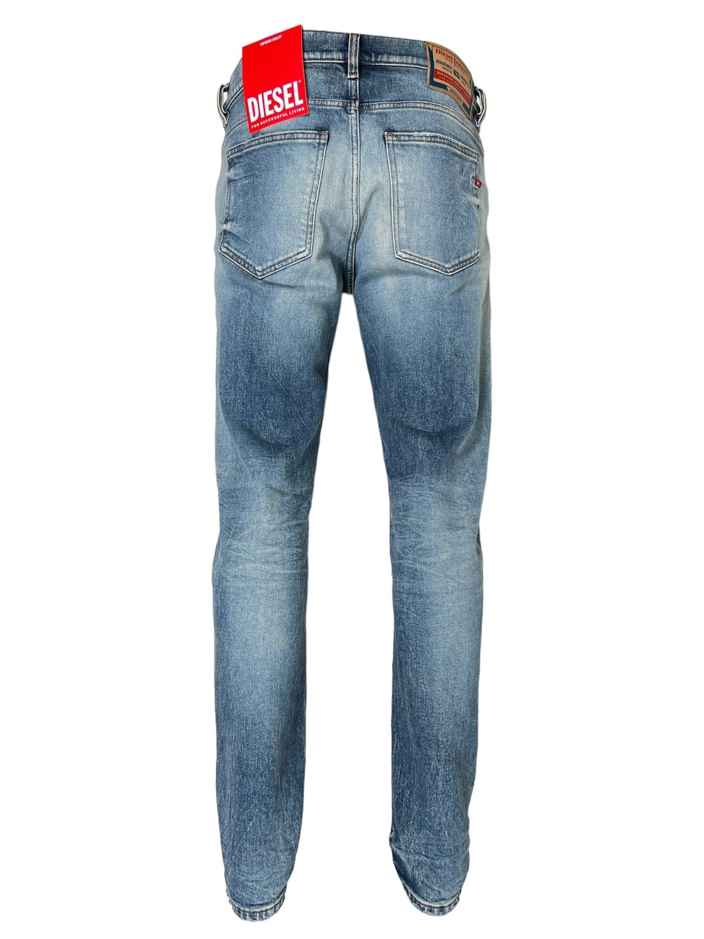 A pair of DIESEL 2019 D-STRUKT 07V8 light blue slim jeans displayed from the back, featuring pockets and a red Diesel brand tag attached at the waistband, made from organic cotton.