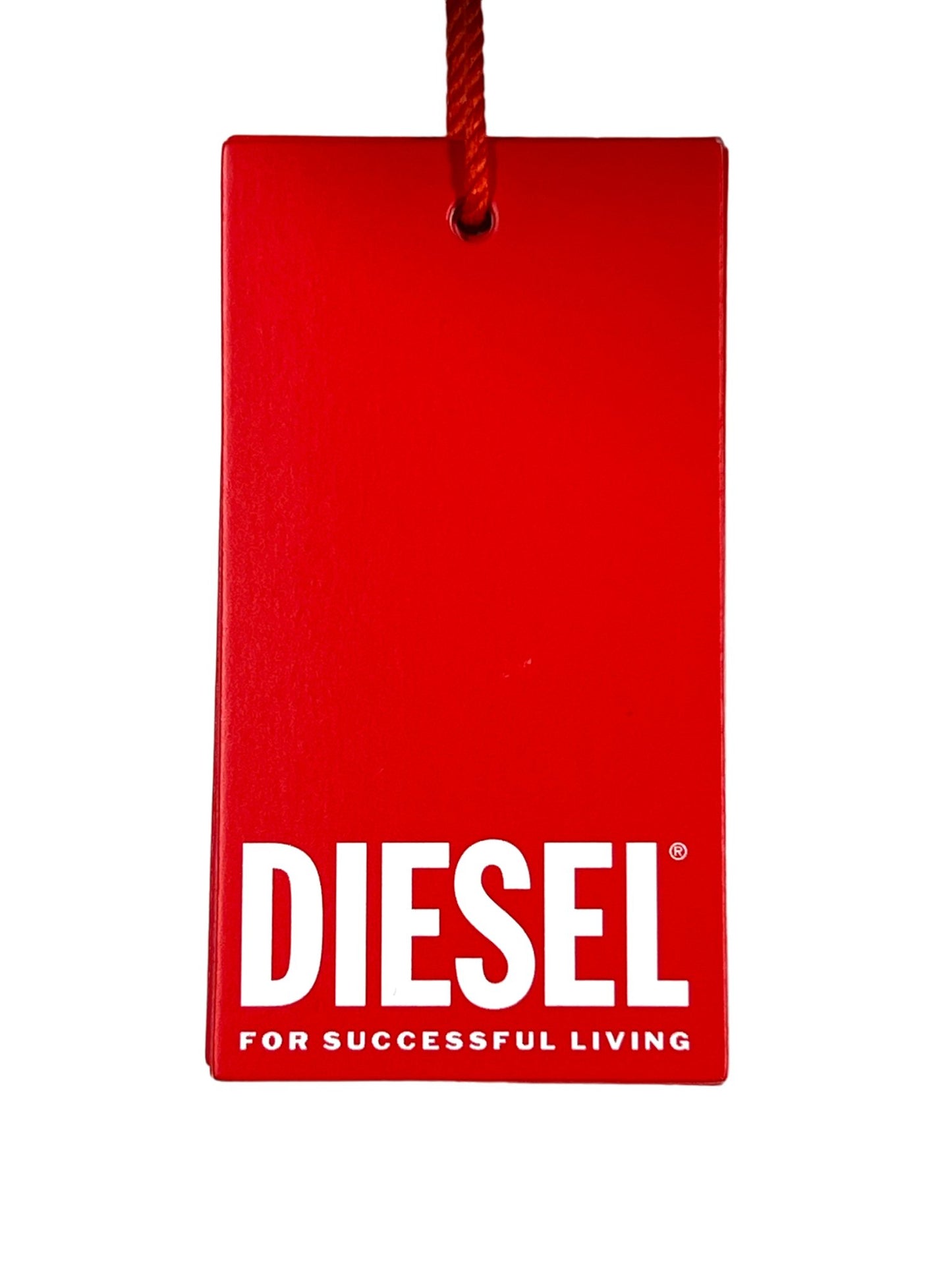 A red DIESEL 2019 D-STRUKT 68JF jeans brand tag with the slogan "for successful living" against a white background.