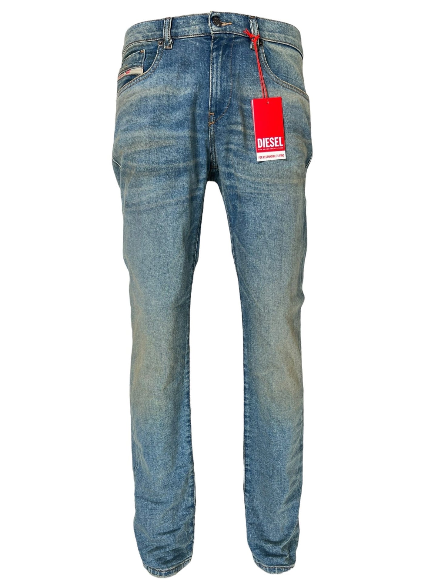 A pair of DIESEL 2019 D-STRUKT 9H50 DENIM displayed upright with a red Diesel tag attached to the belt loop, showcasing waterless technology for eco-friendly fashion.