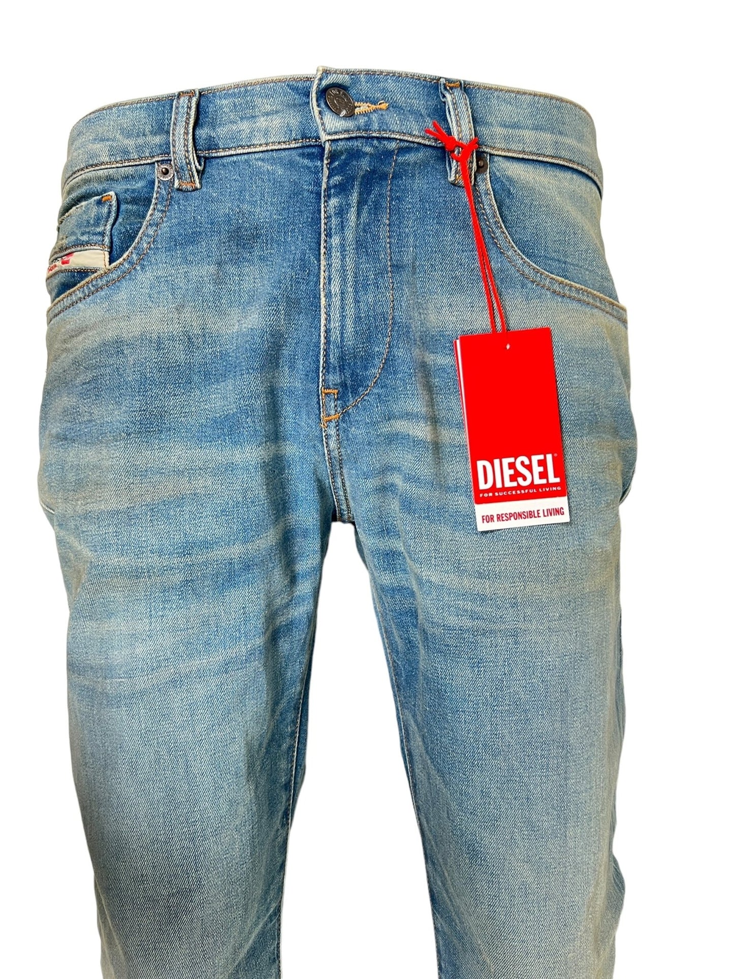 A pair of light blue DIESEL 2019 D-STRUKT 9H50 DENIM with a red tag attached to the belt loop, crafted from recycled cotton and displayed on a white background.