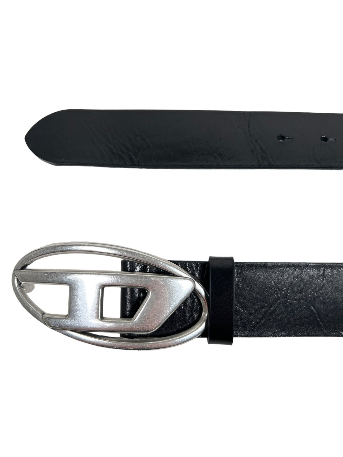 A DIESEL B-1DR LEATHER BELT W SILVER D BUCKLE, a black Italian leather belt with a unique, oval-shaped metallic 'D' logo buckle featuring geometric cutouts, inspired by the latest SS22 Fashion Show trends.