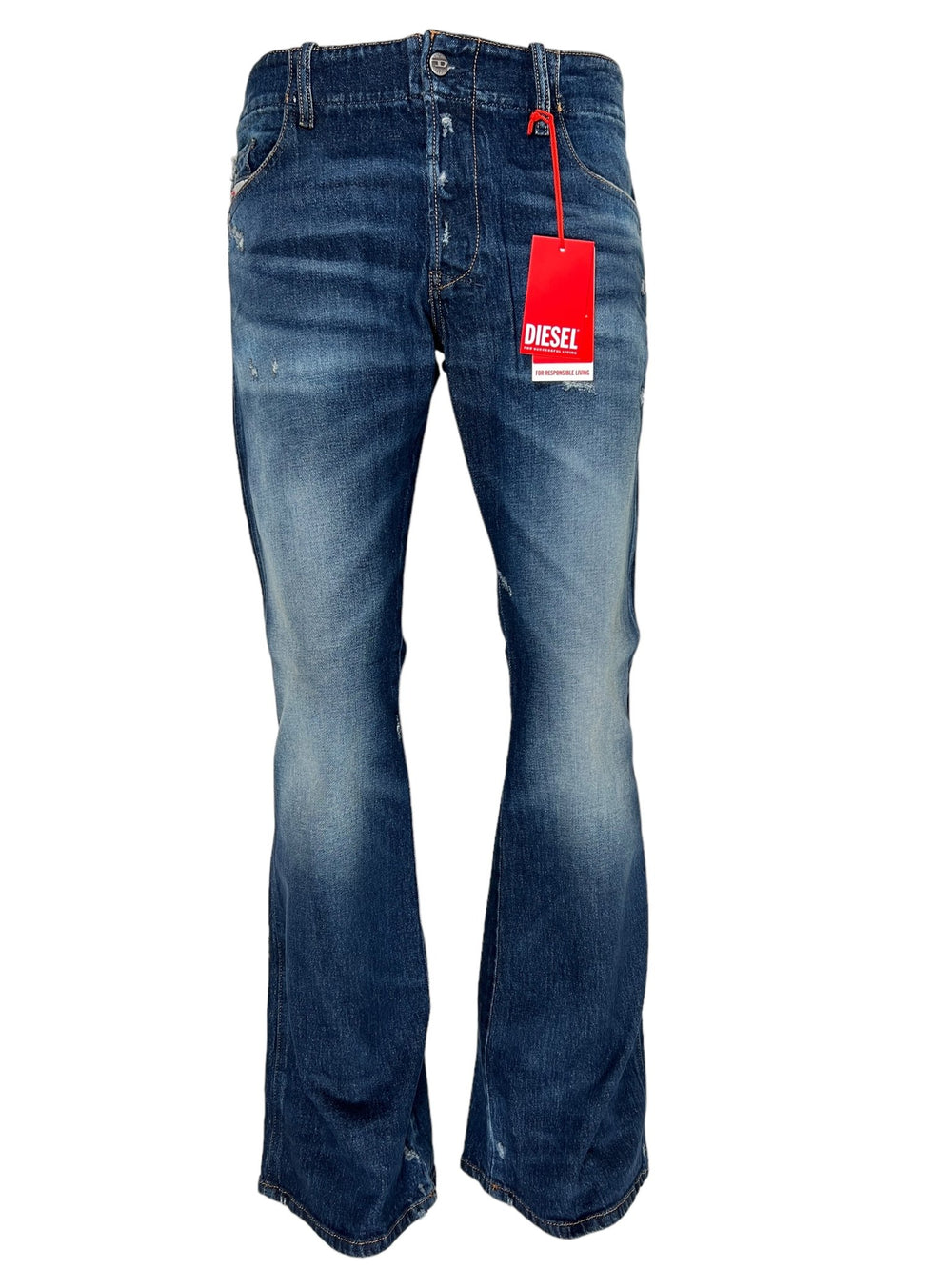 The Diesel D-Backler 9J56 jeans in blue, featuring a worn-in look and button fly closure with a distinctive red tag, perfectly embody the essence of DIESEL DNA.