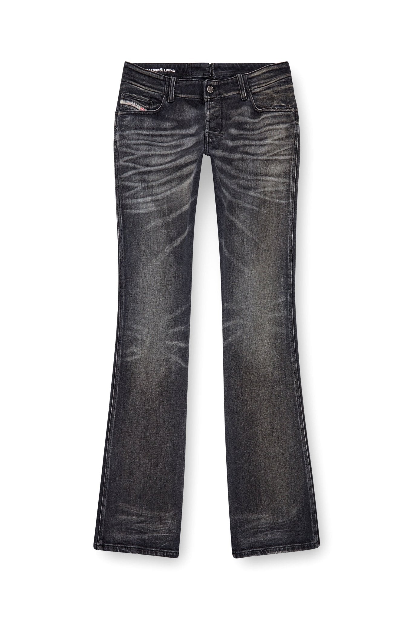 A pair of low waist, dark-wash DIESEL D-BACKLER-RR 9J65 jeans with a slim fit and subtle fading and whiskering details, lying flat on a white background.