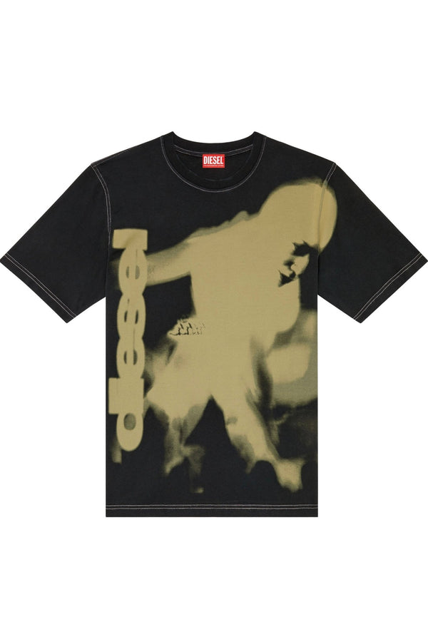 Men's black DIESEL cotton jersey T-shirt with a yellow distorted graphic design and hand-distressed edges.
