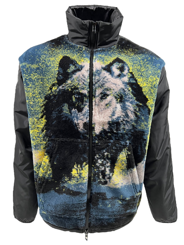 The DIESEL S-BERTO-TEDDY BLACK is a black and grey graphic jacket with a zip-up front, featuring an intricate wolf print on the front. The sleeves and sides are crafted from a shiny, smooth material, adding extra flair to this DIESEL masterpiece.