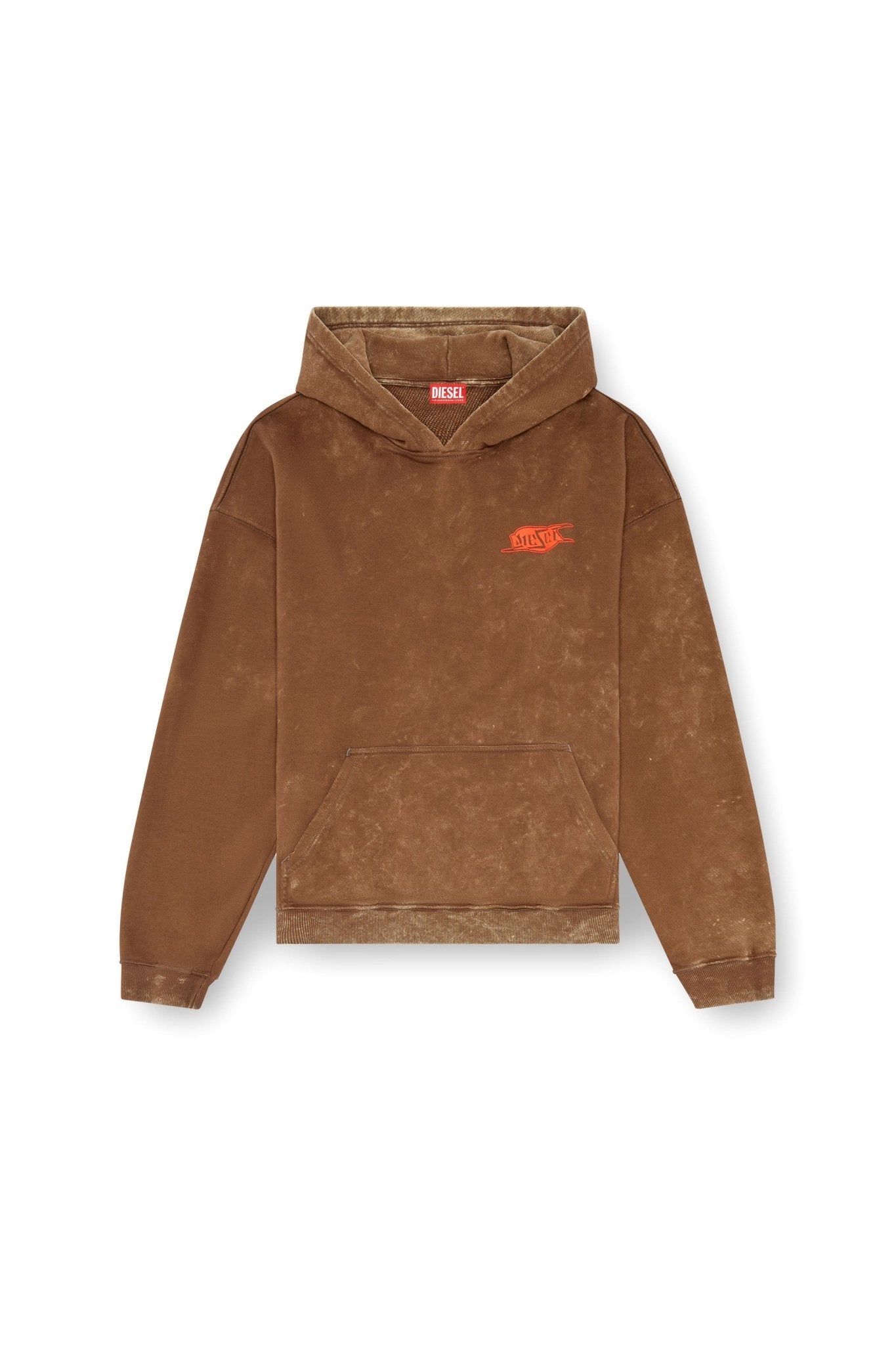 The DIESEL S-BOXT-HOOD-Q5 BROWN is a relaxed-fit men's hooded sweatshirt made from organic cotton for enhanced comfort and sustainability. It features a front pocket, a hood, and a small red logo on the chest, with the brand tag visible inside the neck area.