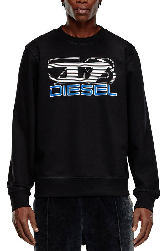 A person is wearing a DIESEL S-GINN-K43 SWEAT BLACK hoodie from DIESEL, featuring a white and blue graphic logo on the front.