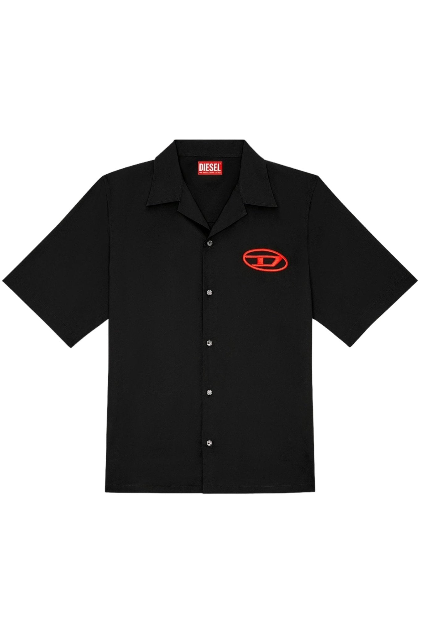 The DIESEL S-MAC-C SHIRT BLACK is a short-sleeve men's shirt made from organic cotton, adorned with a red "D" logo on the left chest and "DIESEL" branding on the inner collar.