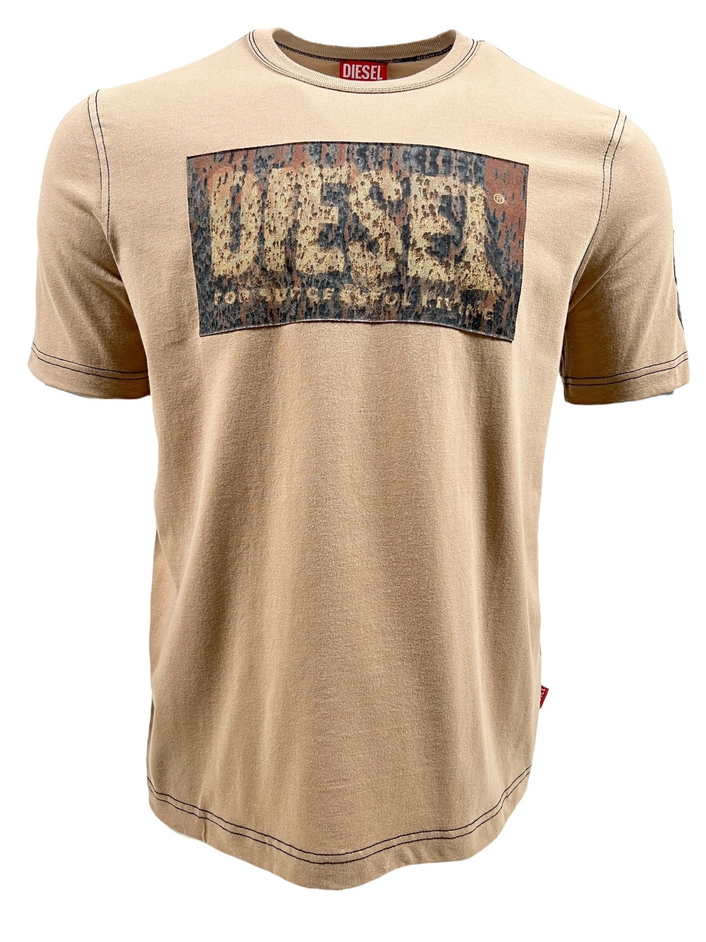 Introducing the DIESEL T-ADJUST-Q1 T-SHIRT 72S, a beige men's cotton T-shirt with a regular fit, adorned with a distressed Diesel logo on the chest and an acid rain effect.