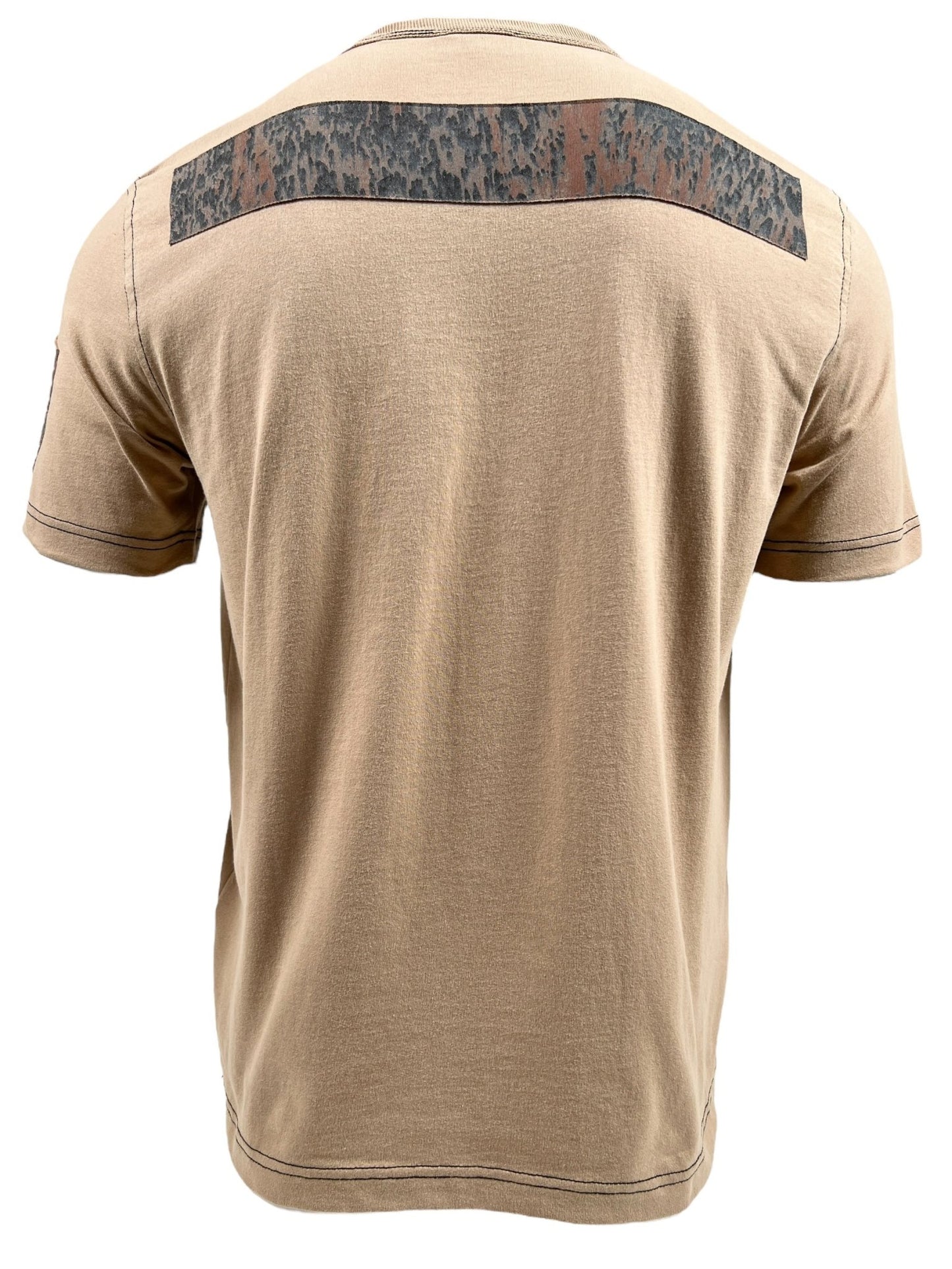 The DIESEL T-ADJUST-Q1 T-SHIRT 72S, a men's beige cotton tee by DIESEL, features a regular fit and is displayed from the back with a patterned band across the upper back.