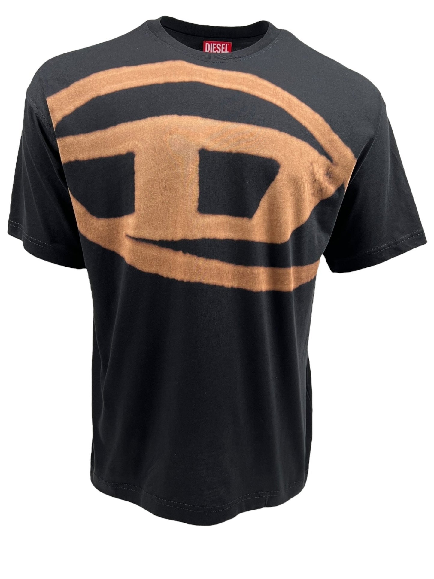 The DIESEL T-BOXT-BLEACH T-SHIRT BLACK for men, featuring the iconic Oval D logo and a large, abstract tan design on the front, crafted from soft organic cotton.