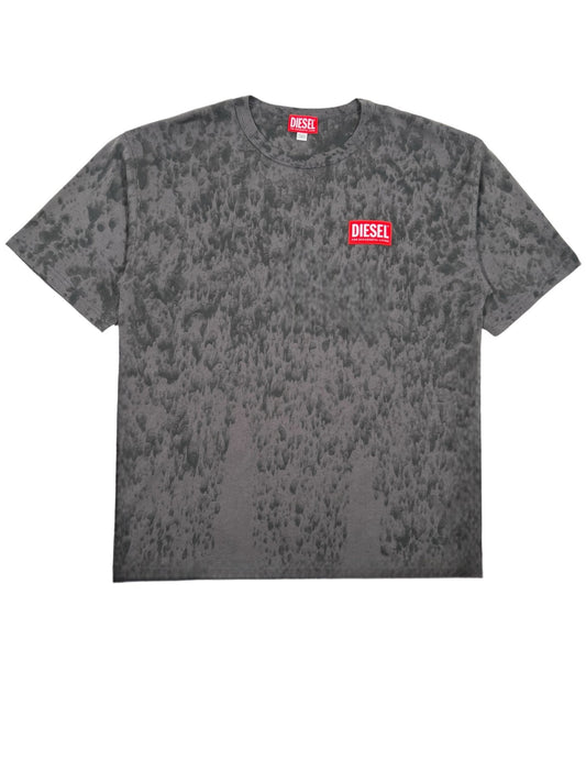 Black short-sleeve t-shirt made from high-quality cotton with a marbled texture and a red "DIESEL" logo on the left chest, embodying the bold aesthetic of the Diesel T-BoxT-K6.