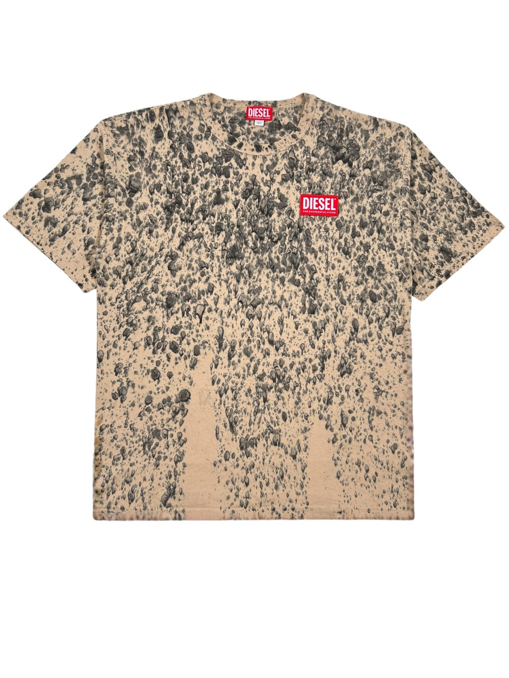 Light brown T-shirt with a black speckled pattern, featuring a red "Diesel" logo on the chest. Made from high-quality cotton, this DIESEL T-BOXT-K6 T-SHIRT LIGHT BROWN will add a touch of style to your wardrobe.