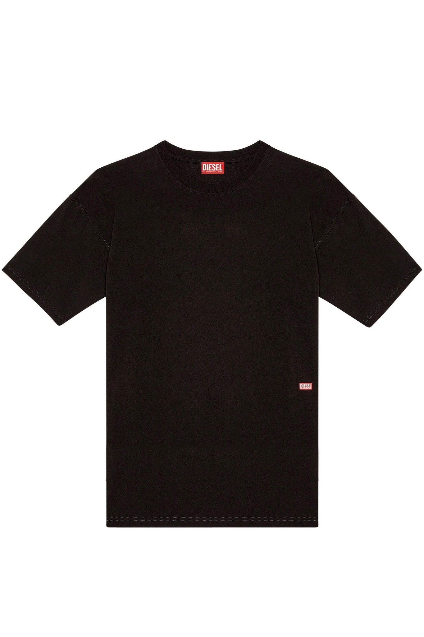 Men's black DIESEL T-BOXT-N11 T-shirt on a plain background, made of cotton jersey.