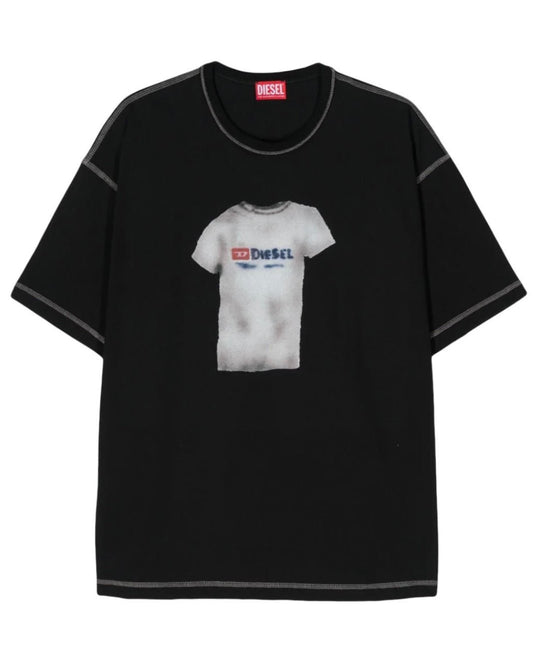 DIESEL T-BOXT-N12 t-shirt in black cotton jersey with graphic print of a smaller white t-shirt on the front, featuring the Diesel logo.