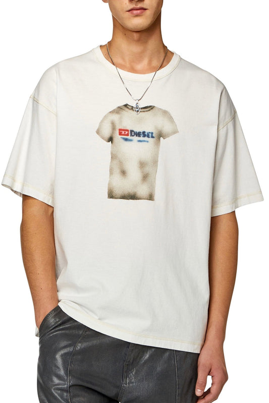 A man wearing a DIESEL T-BOXT-N12 T-SHIRT WHITE with a digital print of a smaller t-shirt on it.