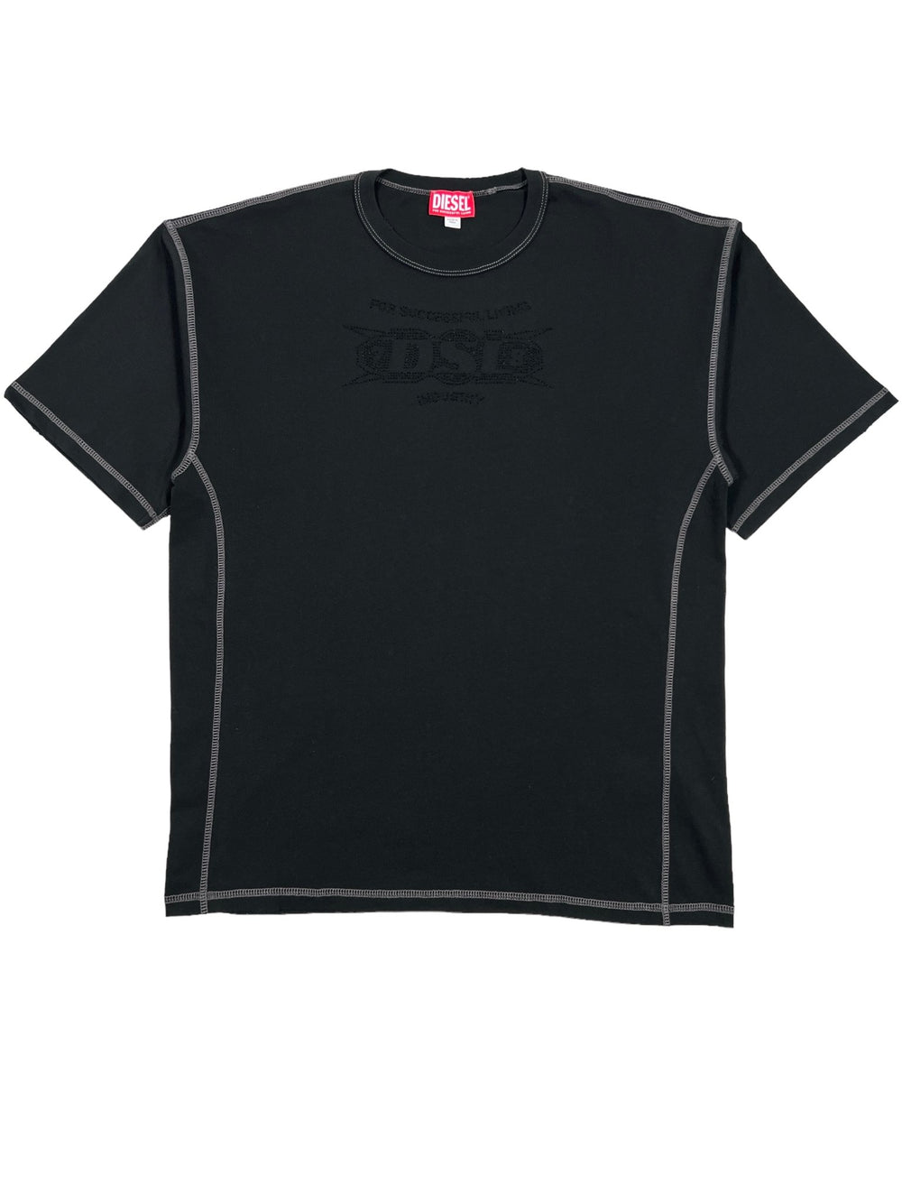 The DIESEL T-BOXT-SIDE T-Shirt Black is a plain black, short-sleeved tee made from 100% cotton. It features gray stitching details, a faint graphic on the front, and includes a subtle studded logo. The inside collar is labeled "Diesel.