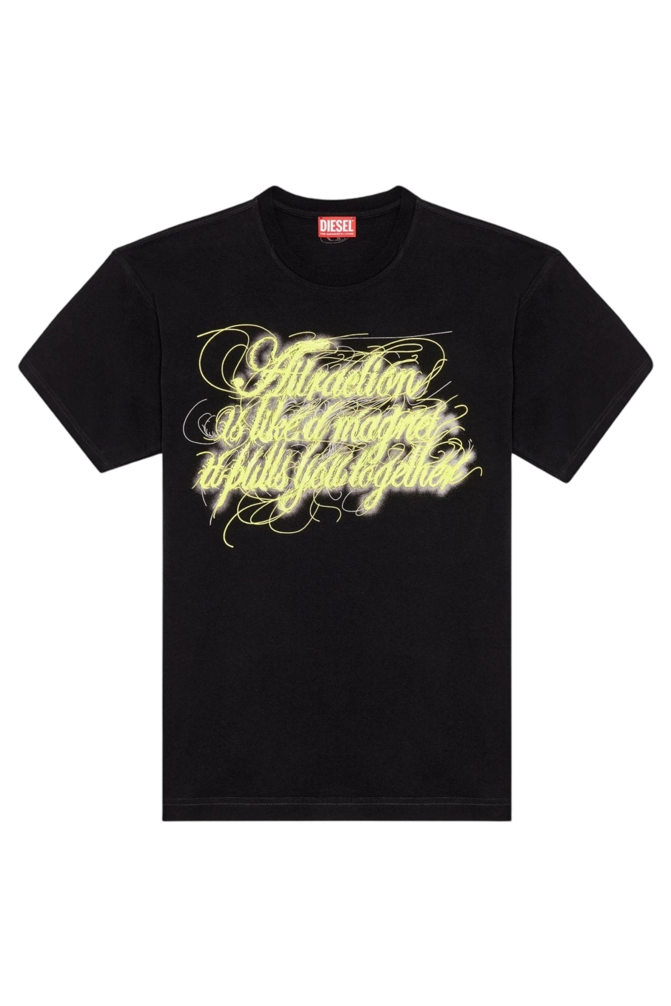 The Diesel T-Buxt-N3 T-Shirt in black from DIESEL features a bold yellow script on the front that reads, "Affection is like a magnet; it pulls you together.