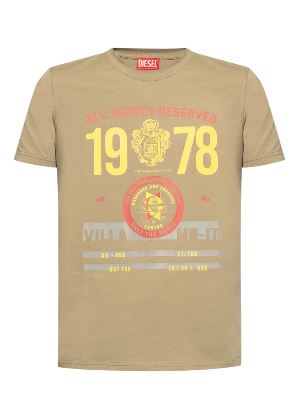 The Diesel T-Diegor-K73 T-Shirt in brown is a cotton tee that features "1978" and "All Rights Reserved" prominently in bold yellow and red. It is enhanced with various graphic elements and showcases the iconic DIESEL brand name, highlighted by a multicolored logo, on the label.