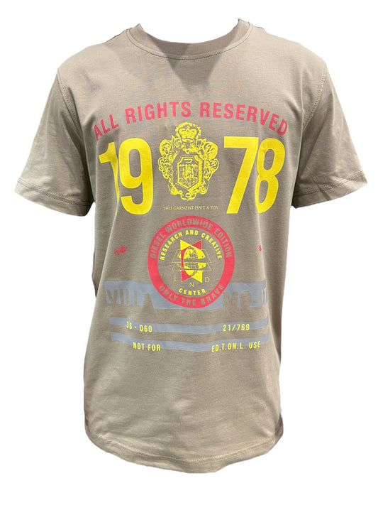 Gray DIESEL T-DIEGOR-K73 T-shirt with vintage-style red and yellow multicolored logo print featuring the year 1978 and various texts.