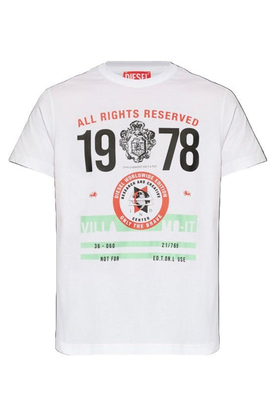 White 100% Cotton DIESEL T-DIEGOR-K73 T-SHIRT with vintage-inspired DIESEL graphic print featuring the year 1978 and the text "all rights reserved" along with other decorative elements and branding.
