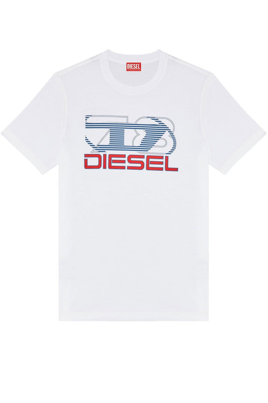 DIESEL T-DIEGOR-K74 T-SHIRT WHITE with blue and red monogram logo on the front.