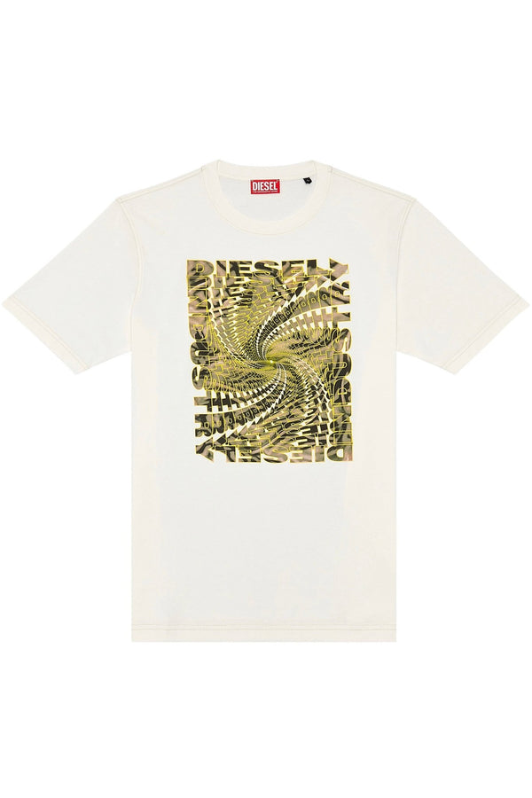 White Diesel DIESEL T-JUST-N12 T-SHIRT OFF WHITE with a green and gold graphic print design in the center.